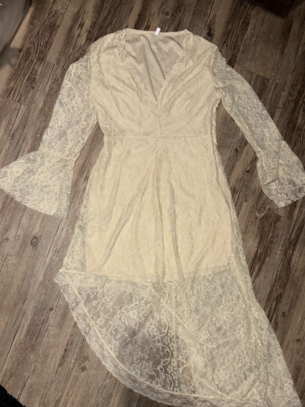 Lace V-Neck Sheer High-Low Dress in Cream